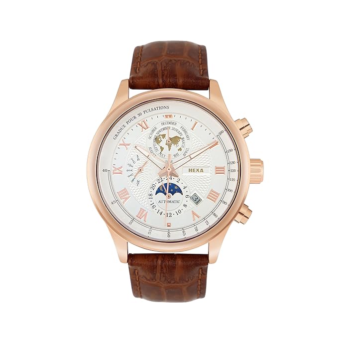 HEXA Hustler Automatic Mechanical Watch for Men | Multifunction Analog Dial | Leather Strap | 45 mm Round Case | Mineral Glass | 3ATM Water Resistant Luxury Watch